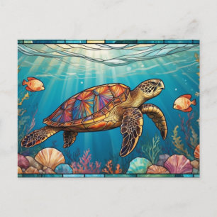 Carte Postale Tortue de verre, Poisson, Corail, Océan