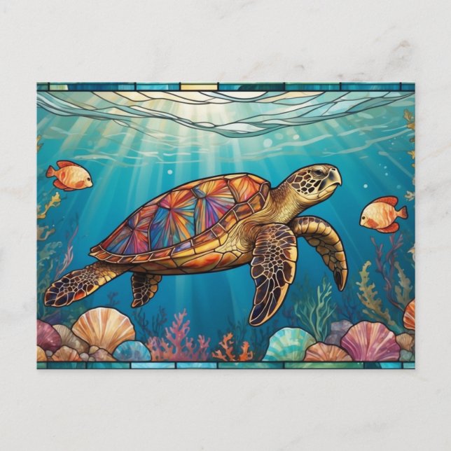 Carte Postale Tortue de verre, Poisson, Corail, Océan (Devant)