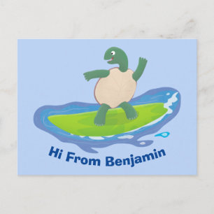 Carte Postale Tortue drôle vague surfant dessin animé 