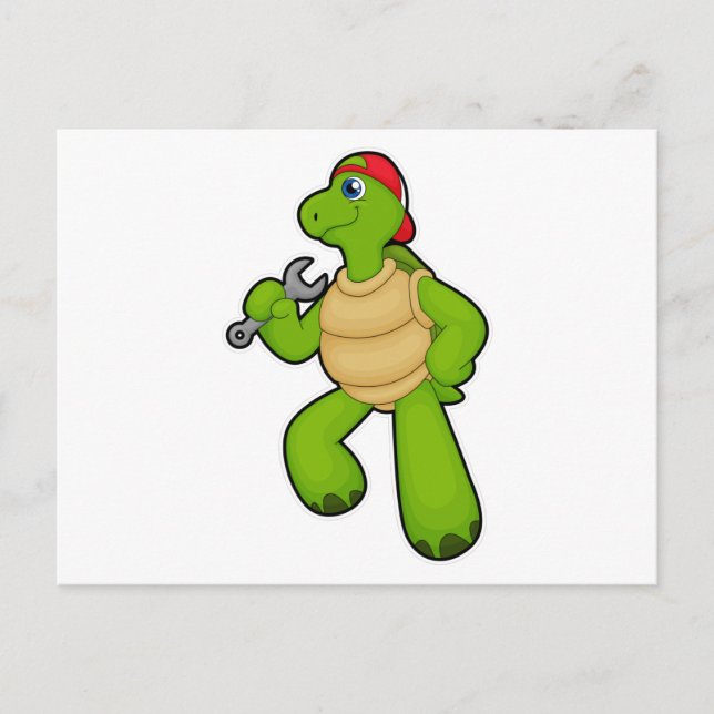 Carte Postale Tortue en mécanique avec clé et Casquette (Devant)