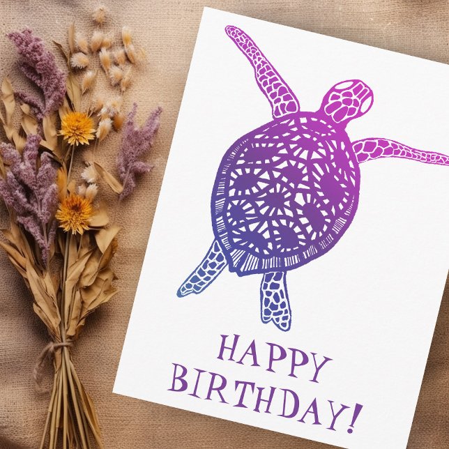 Carte Postale Tortue marine Tortue terrestre JOYEUX ANNIVERSAIRE (Sea Turtle Tortoise HAPPY BIRTHDAY! Purple Postcard
)