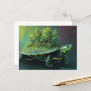 Carte Postale Tortue rouge à oreille avec une forêt d'arbres en