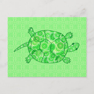 Carte Postale Tortue tourbée fractale - chaux et vert émeraude