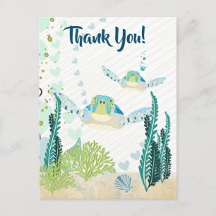 Carte Postale Tortues de mer et Coeurs Ocean Beach Merci