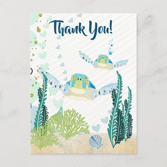 Carte Postale Tortues de mer et Coeurs Ocean Beach Merci (Devant)