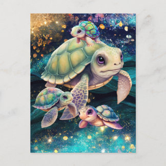 Carte Postale Tortues de mer Nager dans les eaux cosmiques magiq
