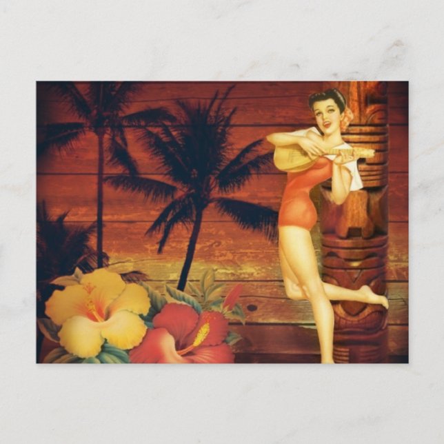 Carte Postale totem de palmiers tropicaux poteau hawaïenne fille (Devant)