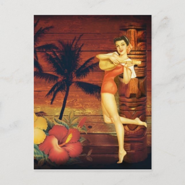 Carte Postale totem de palmiers tropicaux poteau hawaïenne fille (Devant)