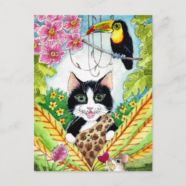 Carte postale toucan à orchidée de souris Cat mign (Devant)