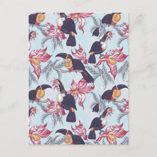 Carte Postale Toucans Avec Fleurs Exotiques (Devant)
