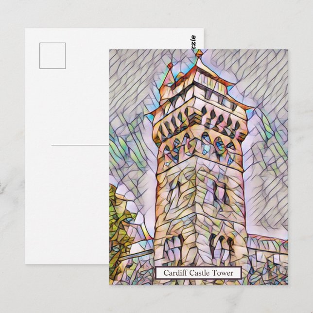 Carte Postale Tour de l'horloge du château Cardiff Art numérique (Devant / Derrière)