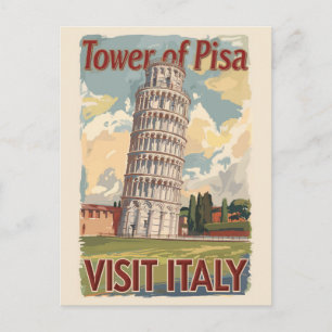 Carte Postale Tour de Pise Italie Art de voyage peint Vintage