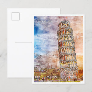 Carte Postale Tour de Pise Italie vintage voyage aquarelle
