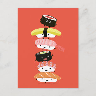 Carte Postale Tour de Sushi - Une pile heureuse d'amis Sushi