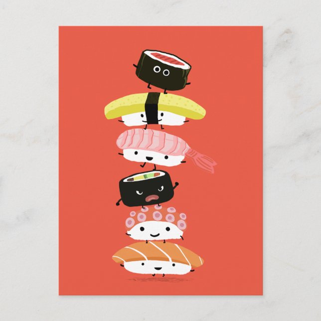 Carte Postale Tour de Sushi - Une pile heureuse d'amis Sushi (Devant)