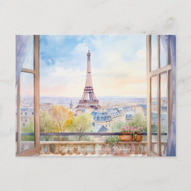 Carte Postale Tour Eiffel Aquarelle Peinture Paris Travel Art (Devant)