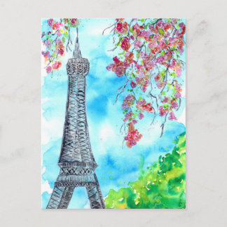 Carte Postale Tour Eiffel au printemps aquarelle