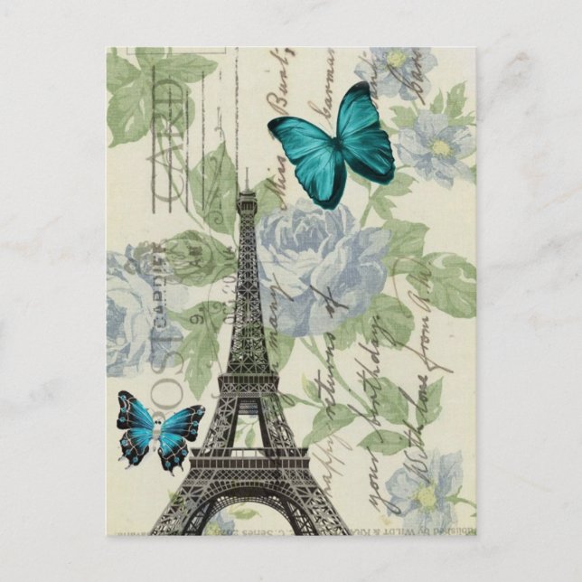 Carte Postale Tour Eiffel floral bleu de Paris de papillon de (Devant)
