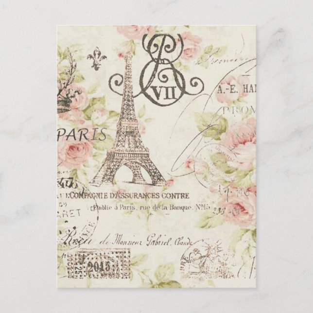 Carte Postale Tour Eiffel floral rose affligé de Paris (Devant)