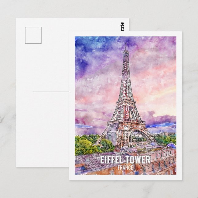 Carte Postale Tour Eiffel France Place de Voyage Aquarelle (Devant / Derrière)