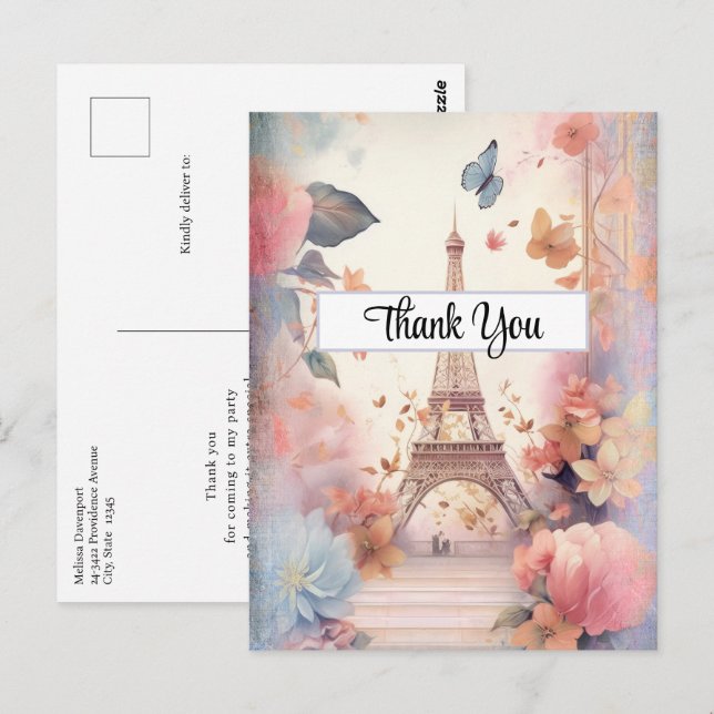 Carte Postale Tour Eiffel Papillons et Fleurs Merci (Devant / Derrière)