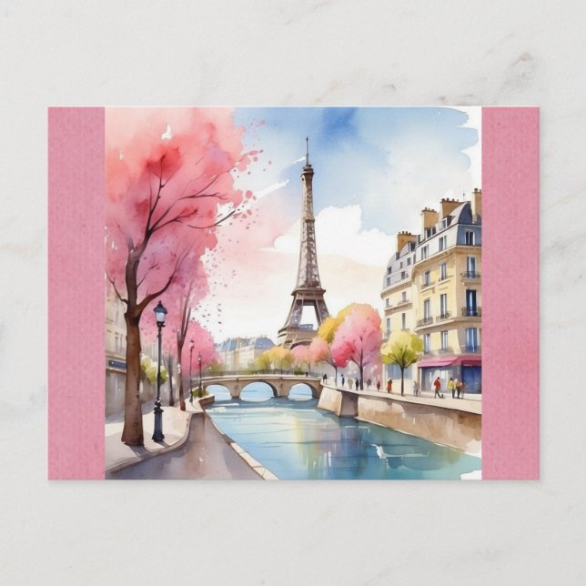 Carte Postale Tour Eiffel Paris France Aquarelle rose (Devant)