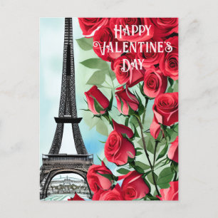 Carte Postale Tour Eiffel Romantique Roses Rouges Saint Valentin