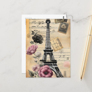 Carte Postale Tour Eiffel vintage Sepia & Fleurs roses