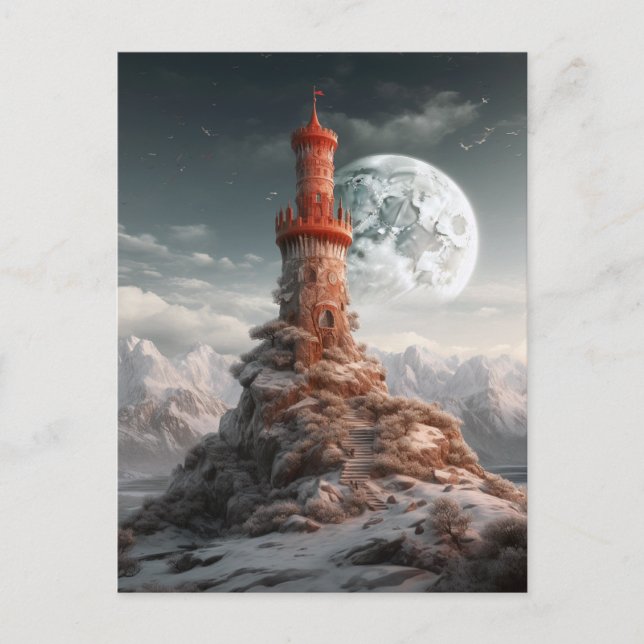 Carte Postale Tour Rouge Pleine lune paysage Imaginaire Art (Devant)