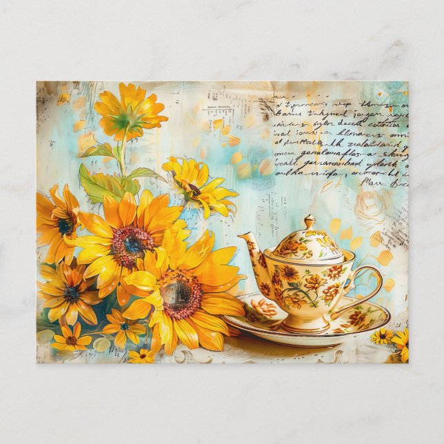 Carte Postale Tournesol avec cafetière ancienne et texte de fant (Devant)