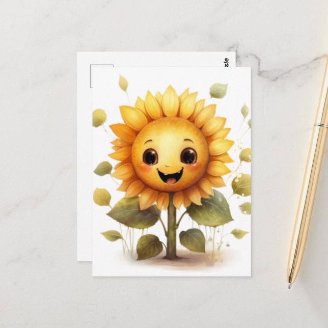 Carte Postale Tournesol Jaune Très Heureux (Devant/Arrière en situation)