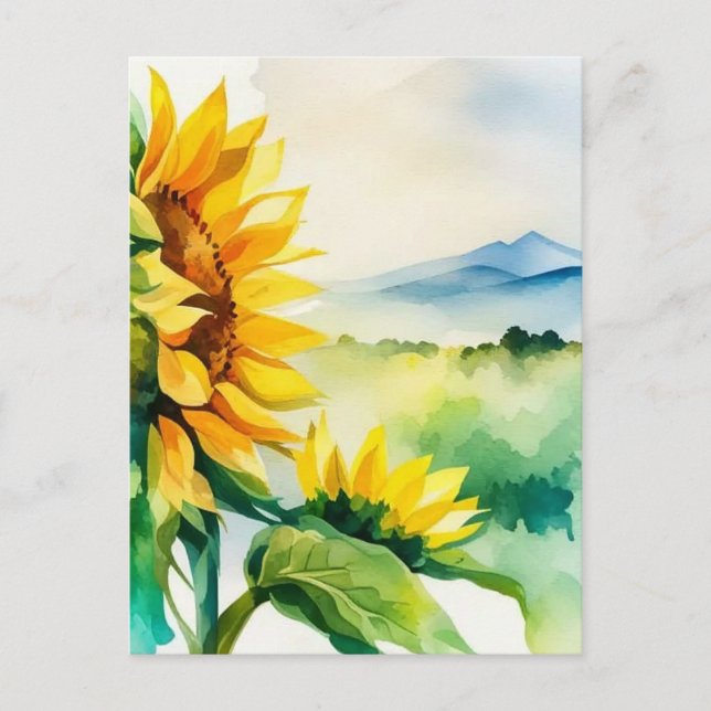 Carte Postale Tournesol, paysage naturel, aquarelle, fleur (Devant)