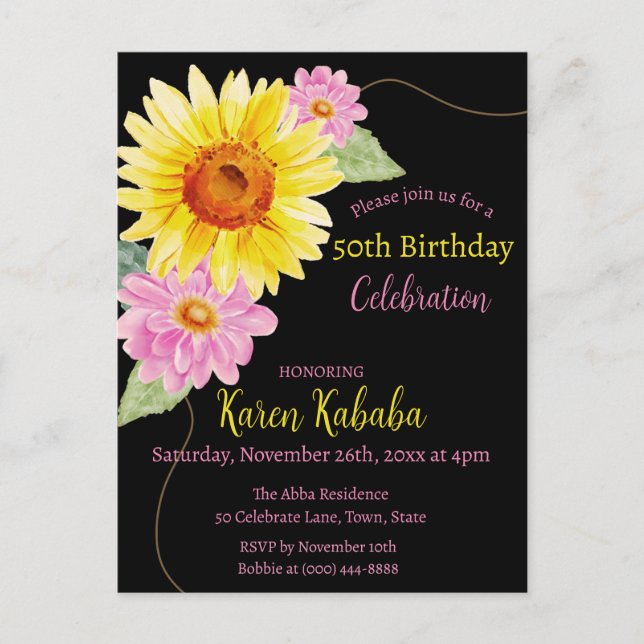 Carte Postale Tournesol rose Noir Jaune Fleur moderne Anniversai (Devant)