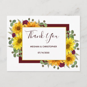 Carte Postale Tournesol Rustique Chic Roses Rouge Mariage Merci
