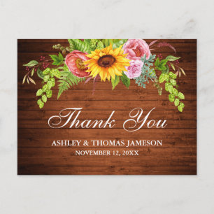 Carte Postale Tournesol Rustique Mariage Floral Merci