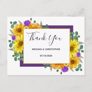 Carte Postale Tournesol Rustique violet Rose Mariage Merci