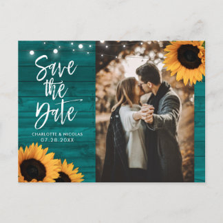 Carte Postale Tournesol Turquoise Rustique Mariage Photo Enregis