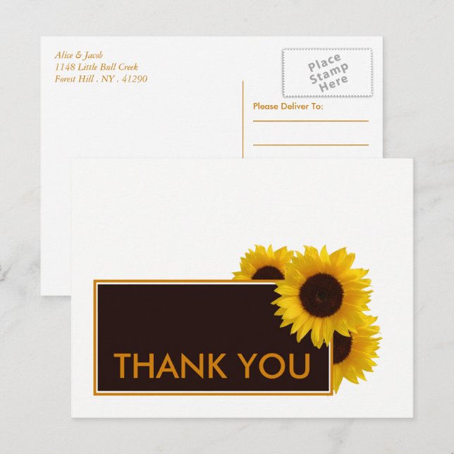 Carte Postale Tournesols rustiques - Merci Mariage (Devant / Derrière)