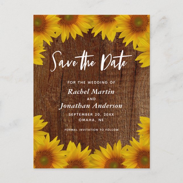 Carte Postale Tournesols rustiques | "Save the date" pour mariag (Devant)