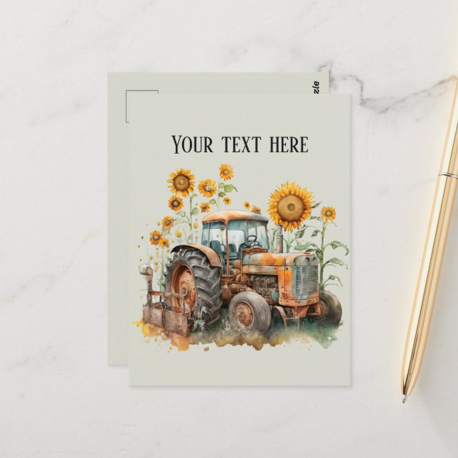 Carte Postale tracteur fermier vieux cool ajouter du texte (Devant/Arrière en situation)