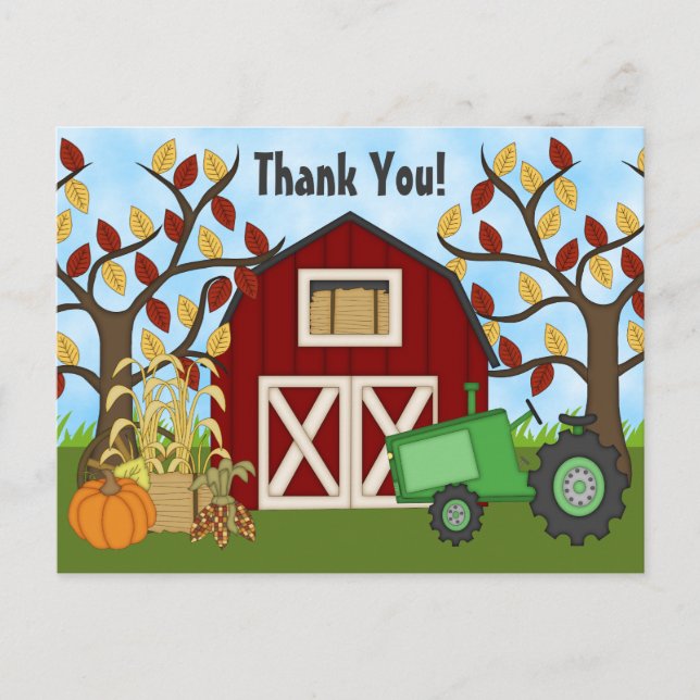 Carte Postale Tracteur vert mignonne et grange Merci agricole d' (Devant)