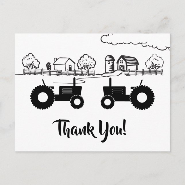 Carte Postale Tracteurs Silhouette en ferme Noir - Merci blanc (Devant)