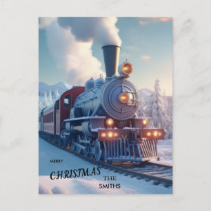 Carte Postale Train à vapeur de Noël Moteur vintage Neige Forêt