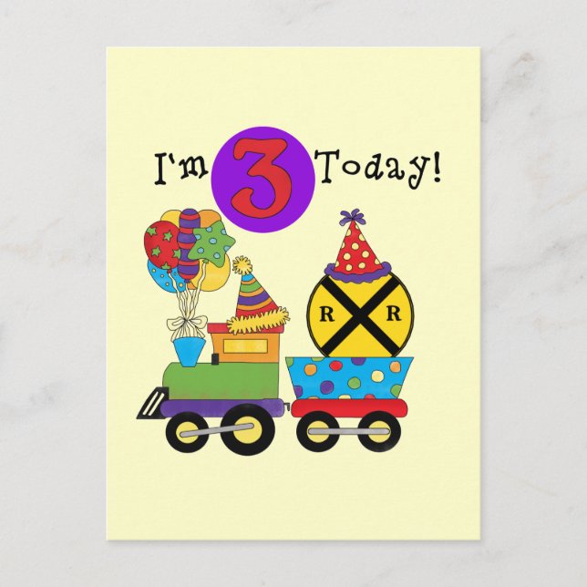 Carte Postale Train d'anniversaire Tshirts et Cadeaux 3ème Anniv (Devant)