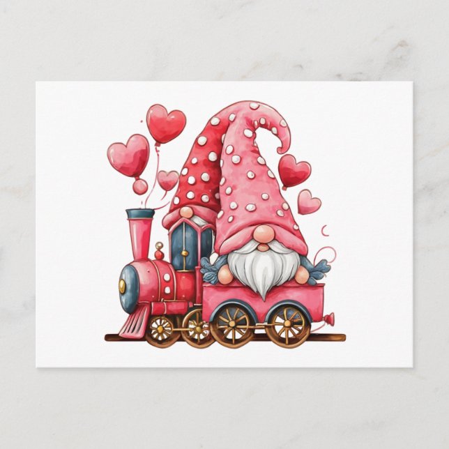 Carte Postale Train Saint Valentin Gnome Couple Red Hearts (Devant)