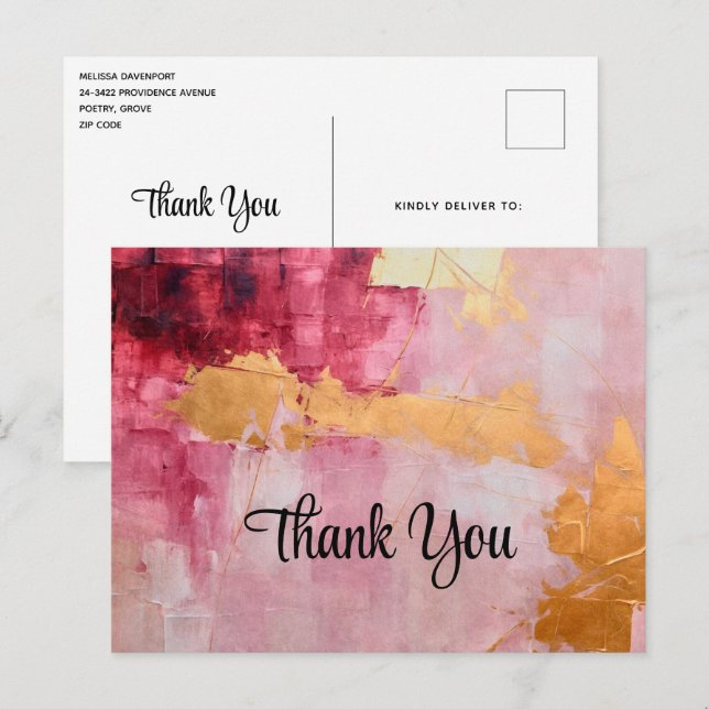 Carte Postale Traits de pinceau artistiques Or et Rose Merci (Devant / Derrière)