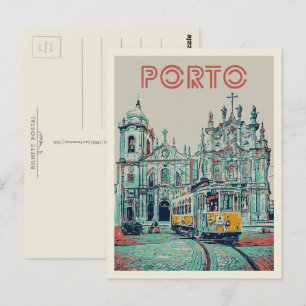 Carte Postale Tramway de Porto et illustration de l'église Portu