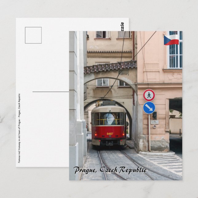 Carte Postale Tramway rouge dans la vieille ville de Prague - Ré (Devant / Derrière)