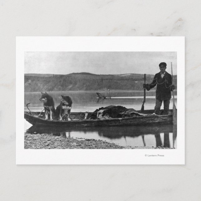 Carte Postale Trapper en canot avec des hanches et des chiens Al (Devant)