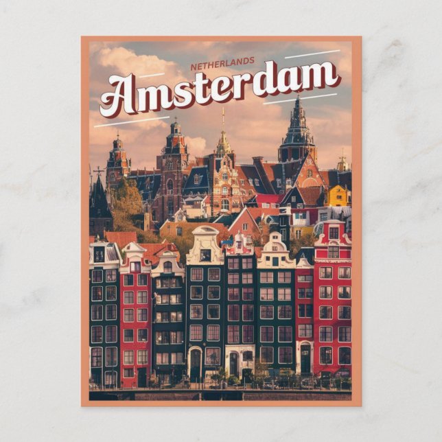Carte Postale Travel Amsterdam maisons colorées cadeaux vintages (Devant)